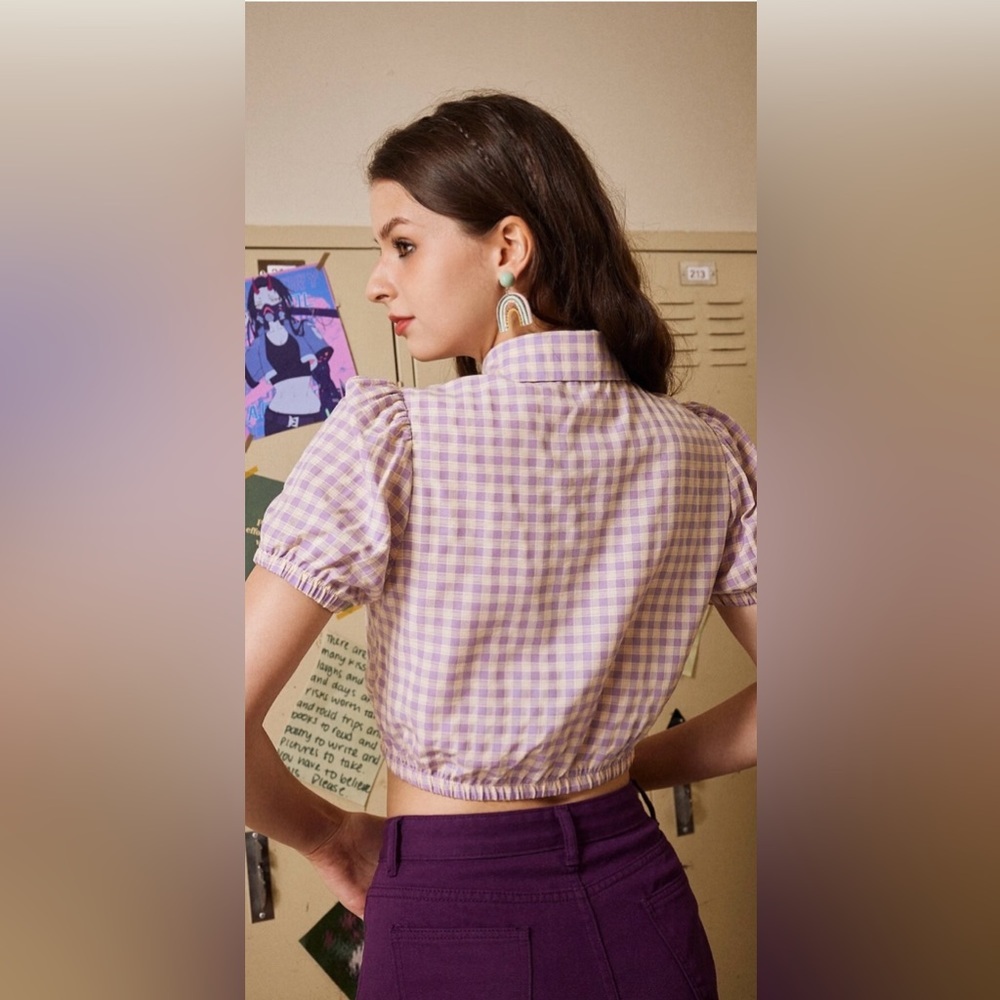 CROP TOP | Plaid Cut Out Button Funnel Spread Collar | Women’s Size 2 - Picture 2 of 11